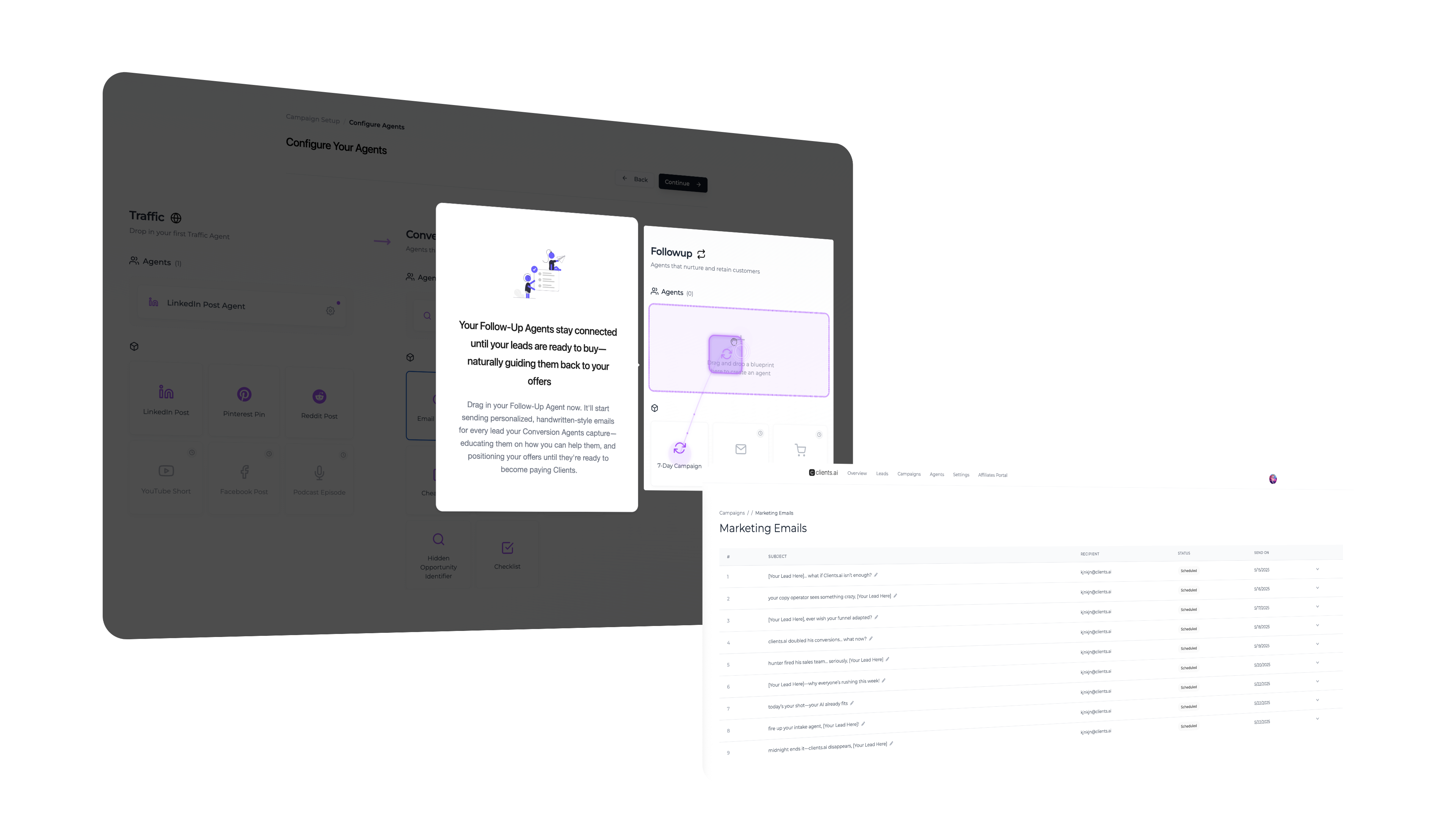 Email thread with personalized touchpoints and a booked call notification